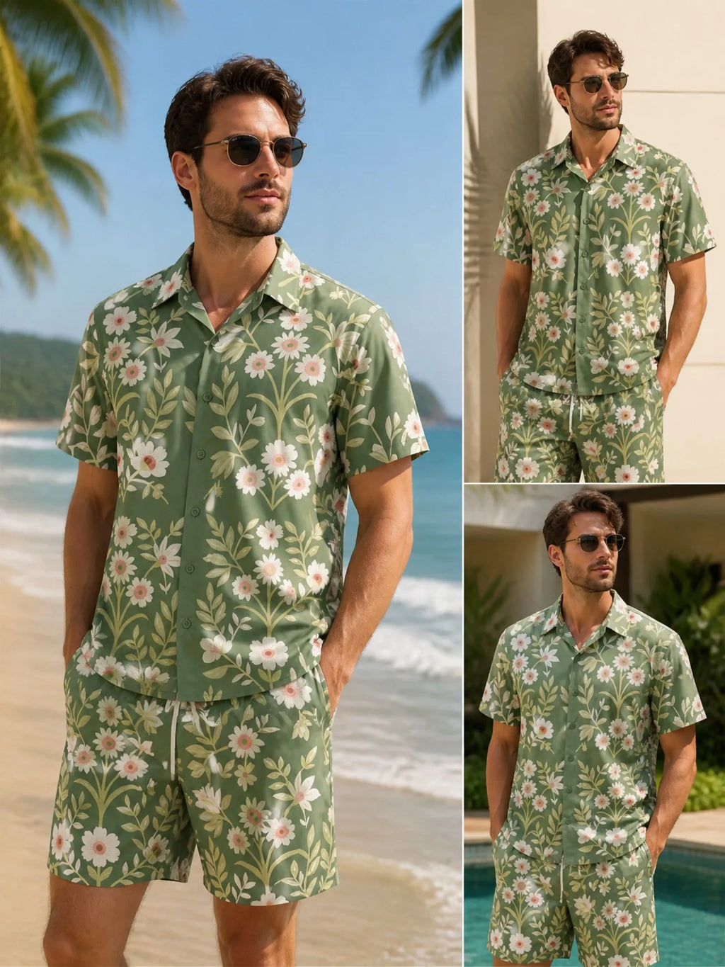 Mens Floral Short Sleeve Shirt and Drawstring Shorts Set Beach Vacation Matching Summer Two Piece Casual Beach Outfit Resortwear