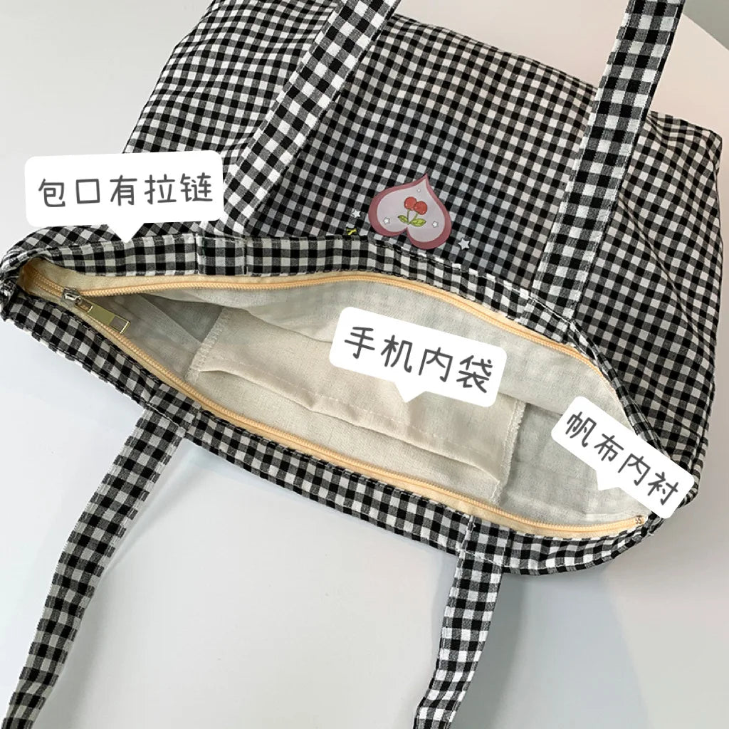 Retro Plaid Women's Portable Shopping Bags Eco Reusable Female Cotton Tote Shoulder Bag College Girls Book Handbags with Zipper