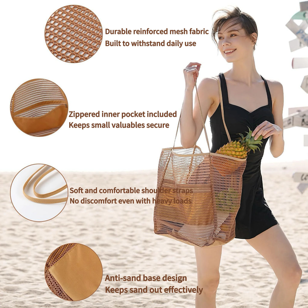 Large Capacity Mesh Beach Tote Bag Breathable Open Net Sand Drain Grocery Shopping Picnic Summer Shoulder Handbag for Women