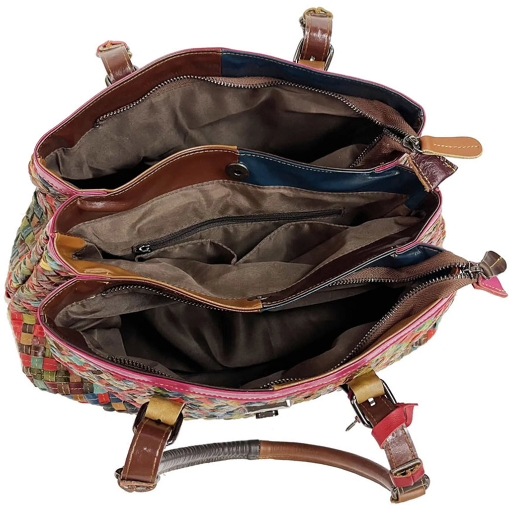 Fashionable Top Grain Genuine Leather Women Shoulder Bags Woven Handbag Contrasting Color Travel Crossbody Hand Messenger Valise