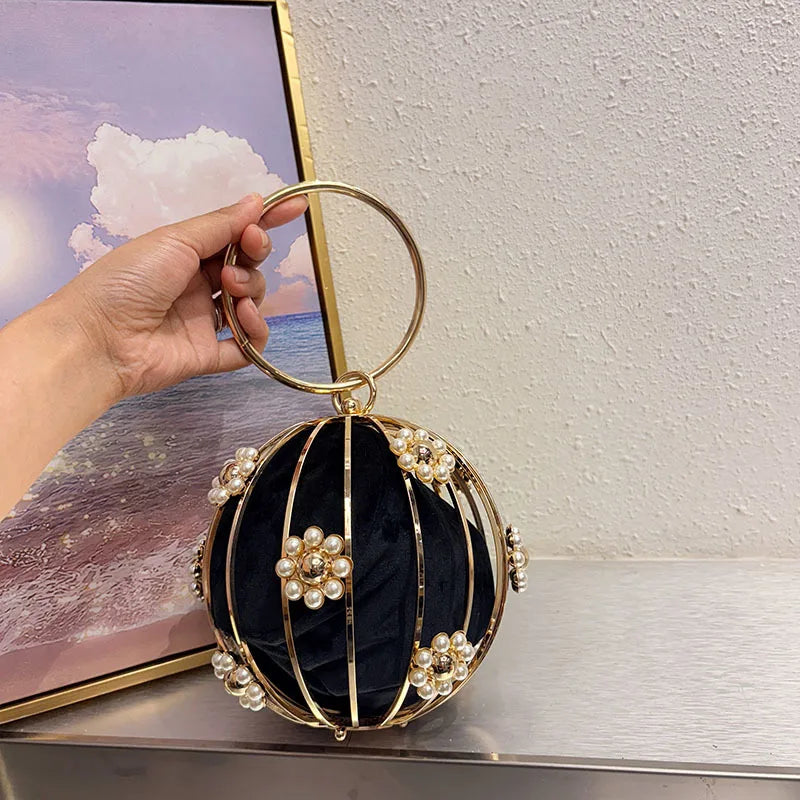 2025 Luxury Hollow Metal Clutch Floral Beaded Lantern Purse for Weddings Parties Evening Bag Chain Floral Ladies Handbags