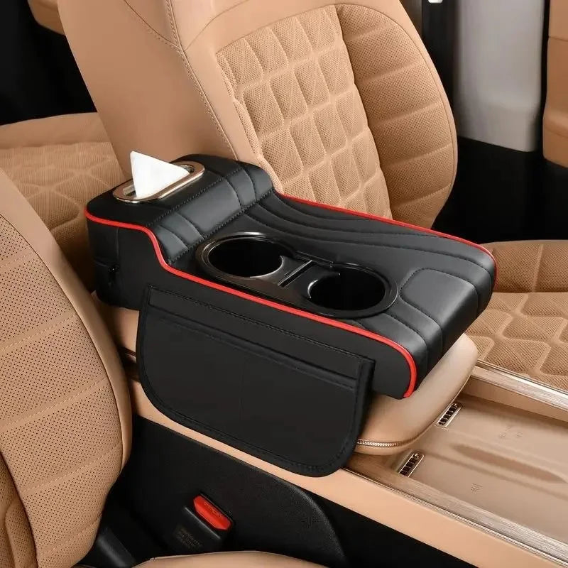 1 Car Armrest Box with Low Front and High Rear Design, Car Center Console Armrest Pad with Tissue Box, Dual Side Storage Pockets, Car Armrest Pad, Portable Storage Accessory, Includes a Pack of Tissues