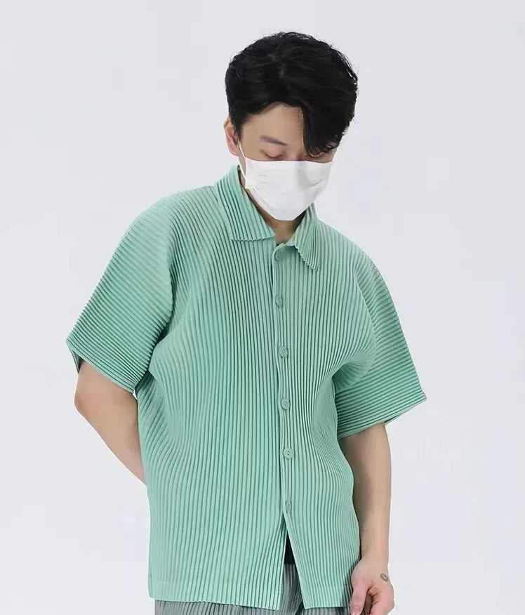 Miyake Pleated Short Sleeve Shirt Men's 2026 Classic Pleats Top Short Sleeve Summer Loose Plisse Jacket Loose Plus Size Fold Top