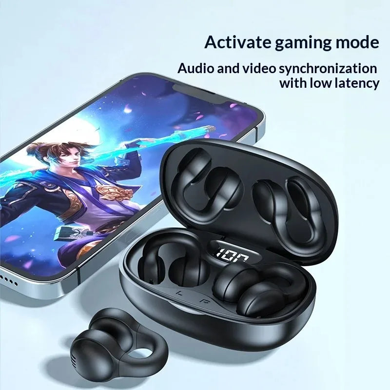 Ear-Clip Earphones Bone Conduction Ultra-Light Body for No-Sense Wearing Low-Latency Gaming Mode with Audio-Video Digital Sound