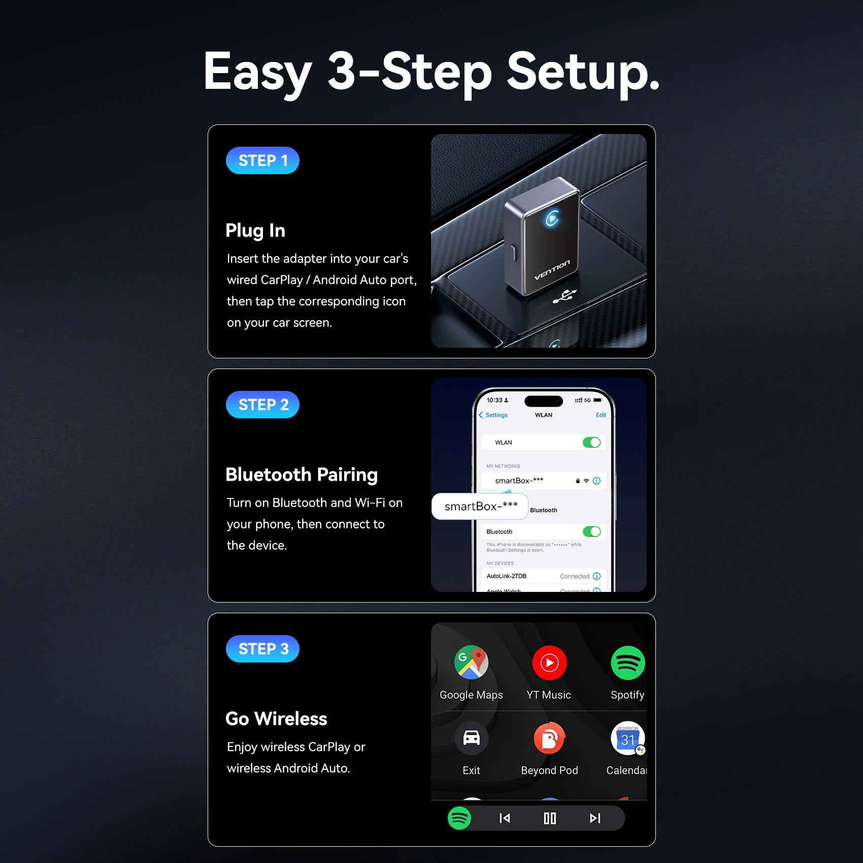 Vention 2in1 Wireless CarPlay Adapter Android Auto For OEM Car Plug and Play AI Smart Box WiFi Bluetooth Auto Connection
