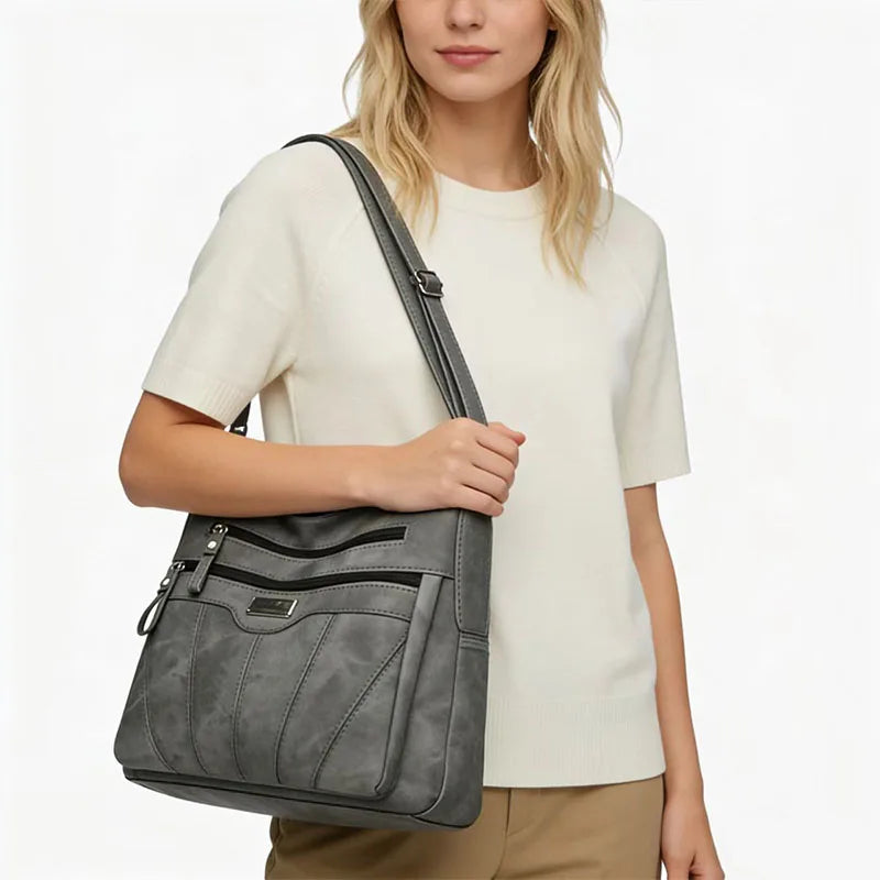 Durable Washed Faux Leather Shoulder Bag, Women's Multi‑pocket Crossbody Purse with Spacious Capacity for Everyday Life