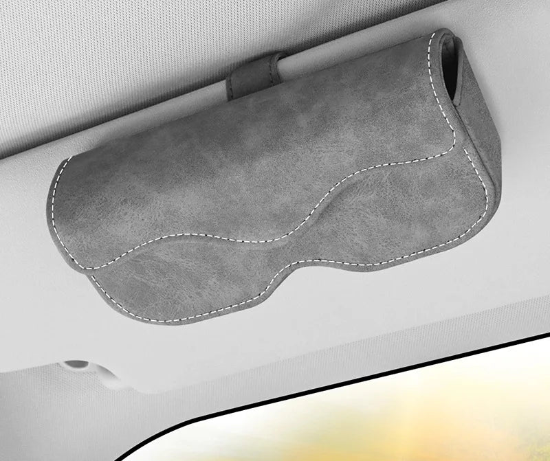 Premium Car Sun Visor Sunglasses Holder Leather Glasses Case Auto Interior Organizer Ticket Card Clip One-Hand Operation Mount