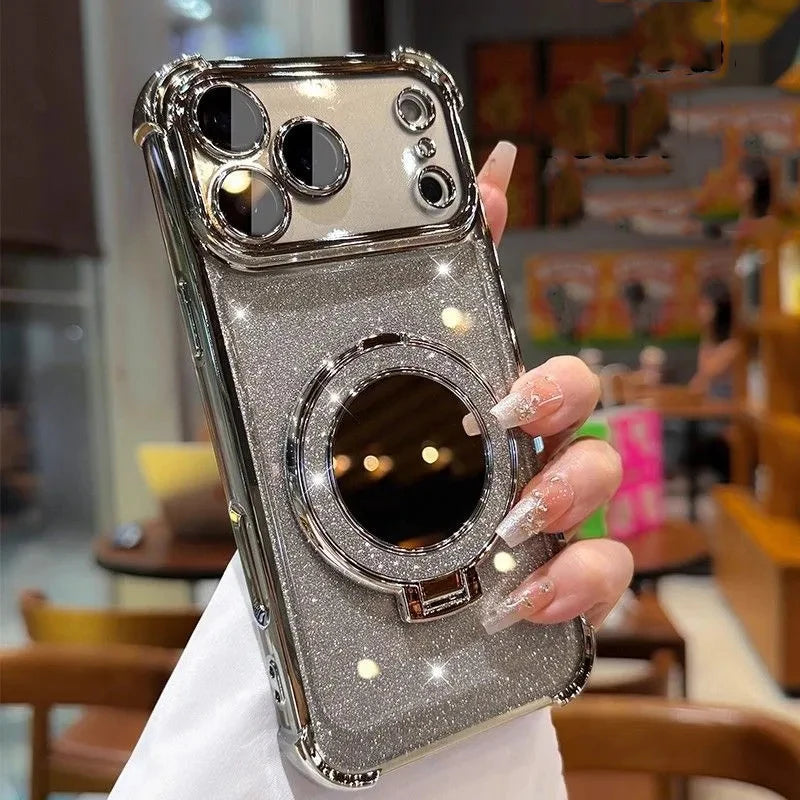 Glitter Shockproof Mirror Magnetic Bracket Case For iPhone 17 Air 16 15 14 Plus 13 12 11 Pro Max Plating For Magsafe Soft Cover