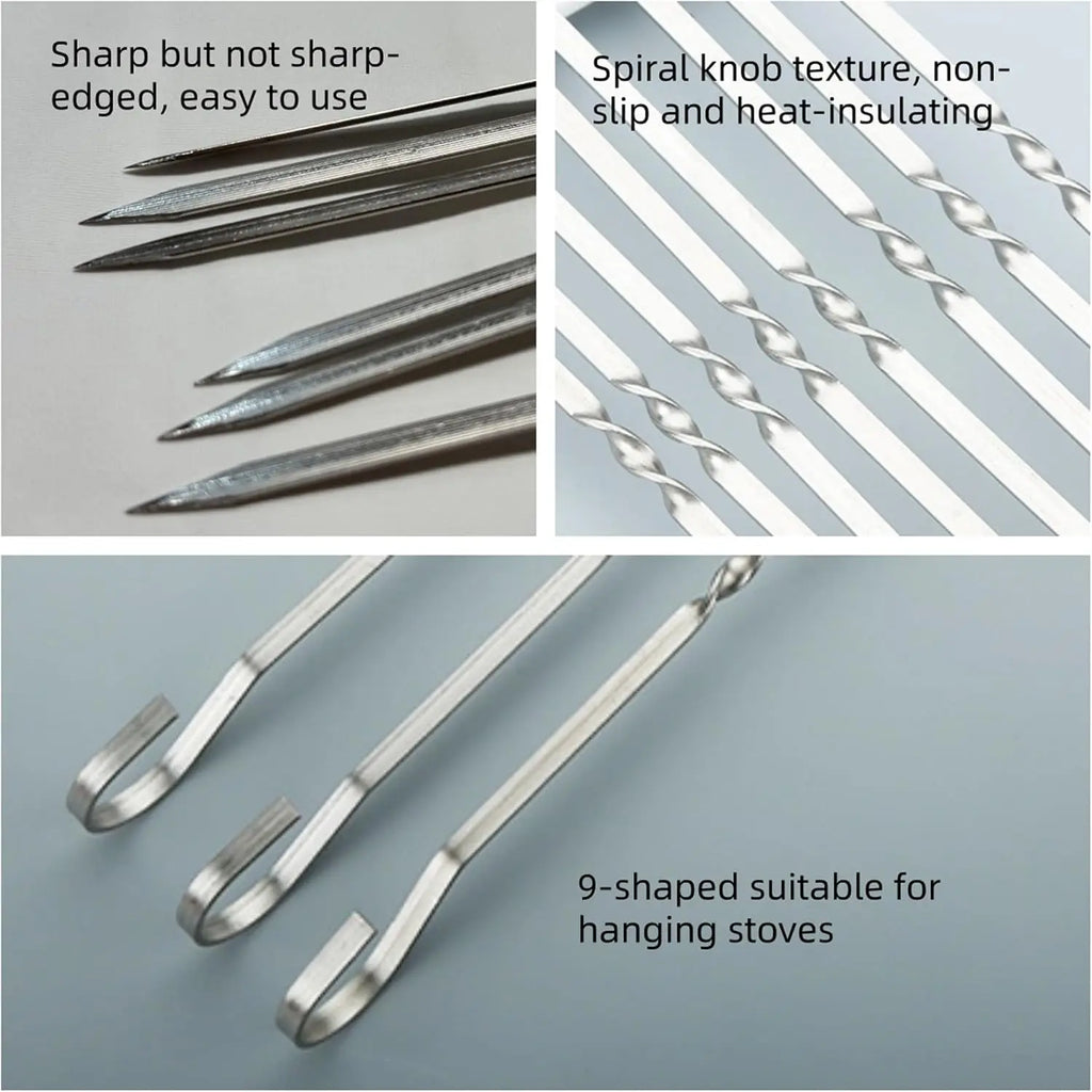 10Pcs Thickened Twisted Flat Stainless Steel BBQ Skewers Outdoor Camping Reusable Meat Stringing Grill Sticks Barbecue Tools