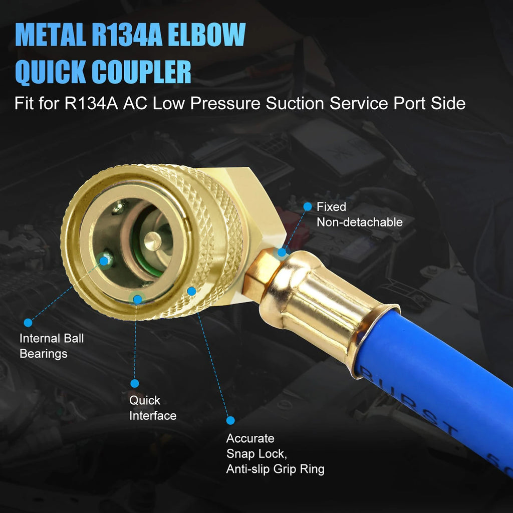 R134A Refrigerant Charge Hose Kit, 1/2’’ Self-Sealing Valve Can and Recharge Hose with Pressure Gauge for Car Air Conditioning