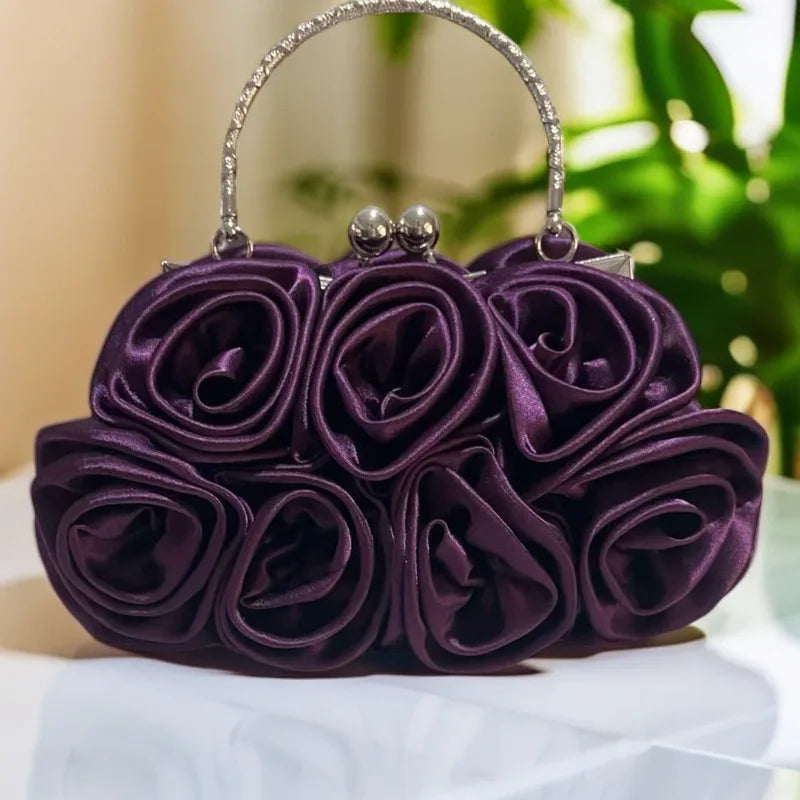 Satin Flower Clutch Bag Roses Handbag Evening Bag Sweet Style Soft Square Shape Handheld Bag for Bride Party Dinner 2026 New