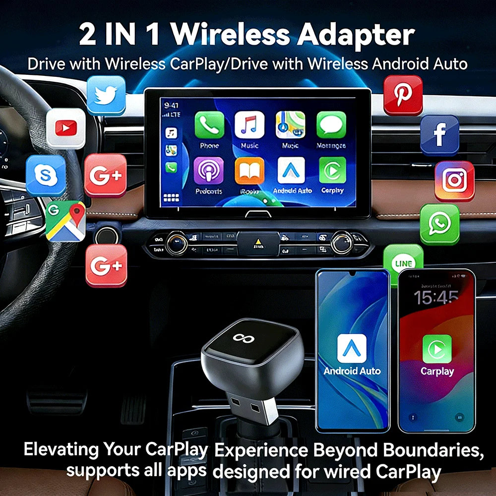 2-in-1 Wireless CarPlay Adapter 2026 Support Apple CarPlay & Android Auto, Mini Bluetooth USB A & USB C Dongle Convert Wired to