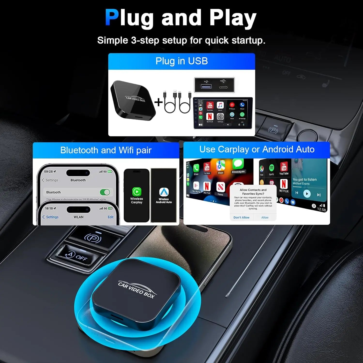 3-in-1 Wireless Carplay Adapter Support Apple CarPlay & Android Auto, Magic Video AI Box for Streaming Netflix YouTube,Upgraded Dual-Band WiFi, Converts Wired to Wireless Car Play for iPhone/Android