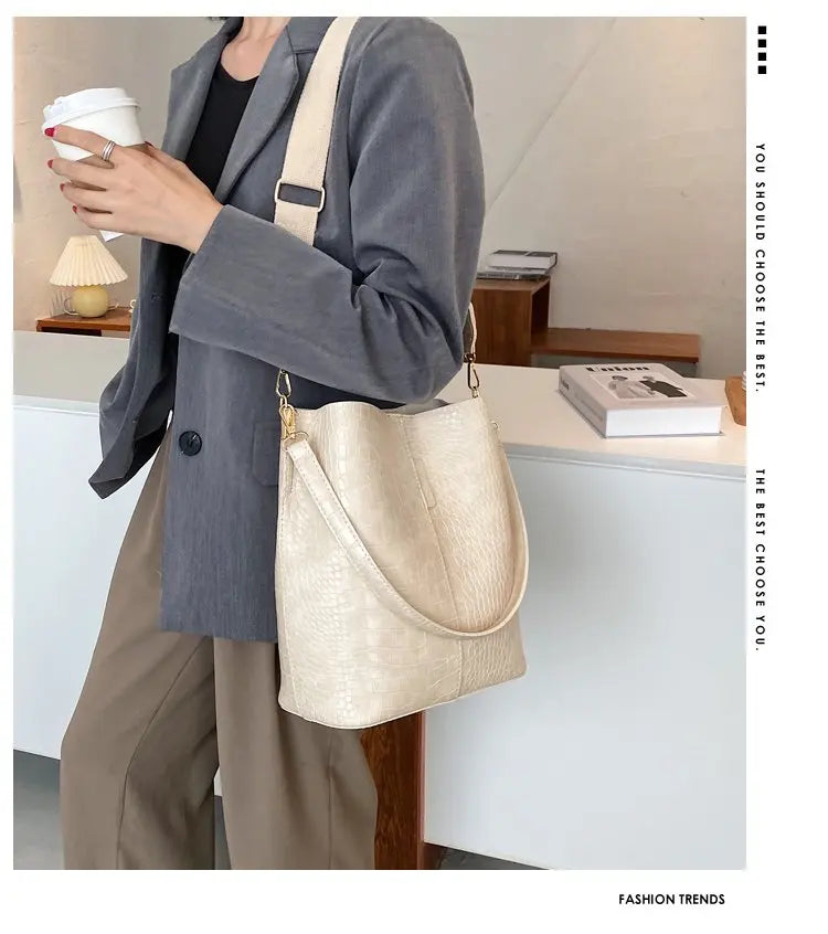 Women Bag Vintage Crocodile Pattern Crossbody Bags for Women PU Leather Trend Designer Shoulder Handbags Large Capacity Bucket
