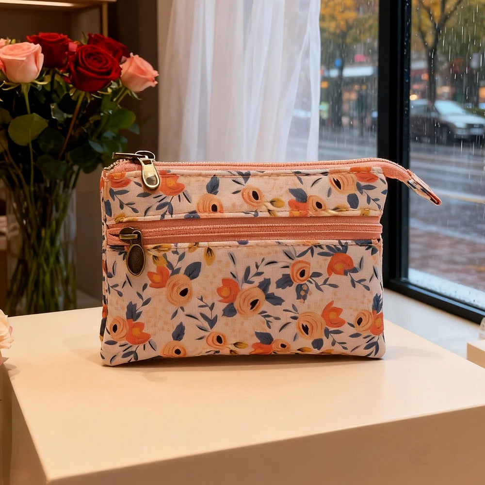 Fresh country-style floral double-printed 4-layer cotton fabric zero wallet for girls - coin bag, keys, ID card bag, card holder