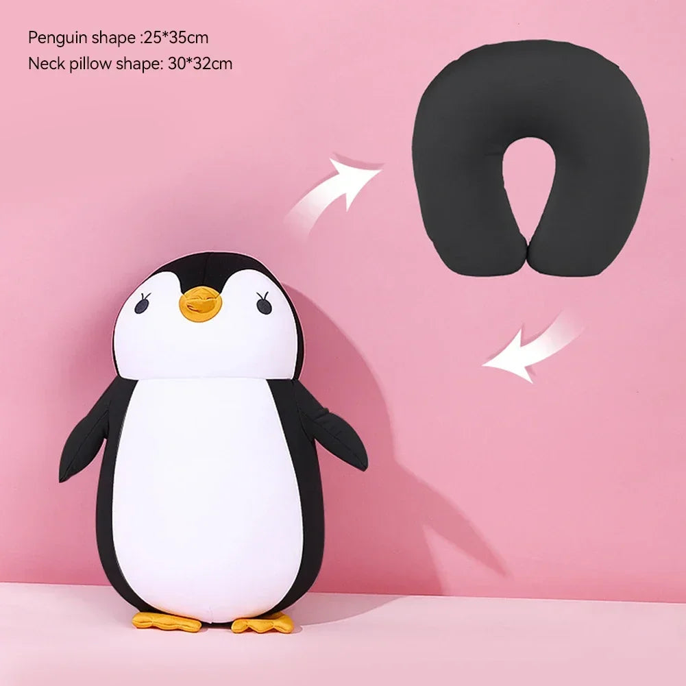 Travel Neck Pillow U-Shaped Plush Pillow Cute Zip and Flip Penguin Deformable Cushion Supports Your Head Neck Chin for Adult