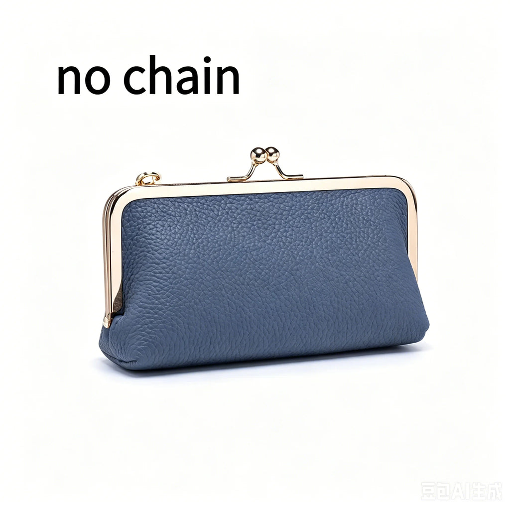Women's Kiss Lock Clutch Bag, Top Grain Genuine Leather Wallet Large Capacity Travel Clutches with Detachable Chain Strap