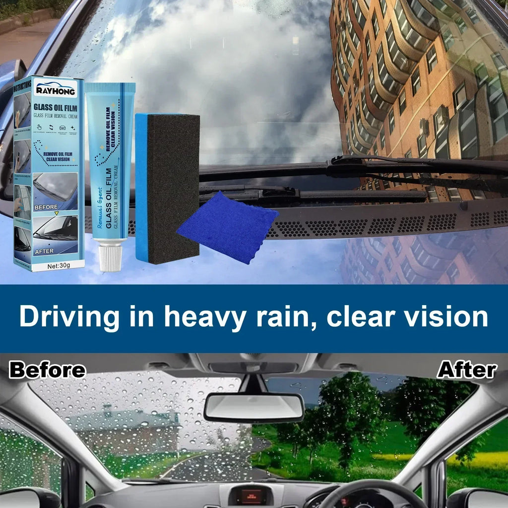 Car Glass Film Removal Cream Strong Decontamination Windshield Stain Remover with Sponge Mirror Cleaner for Auto Maintenance