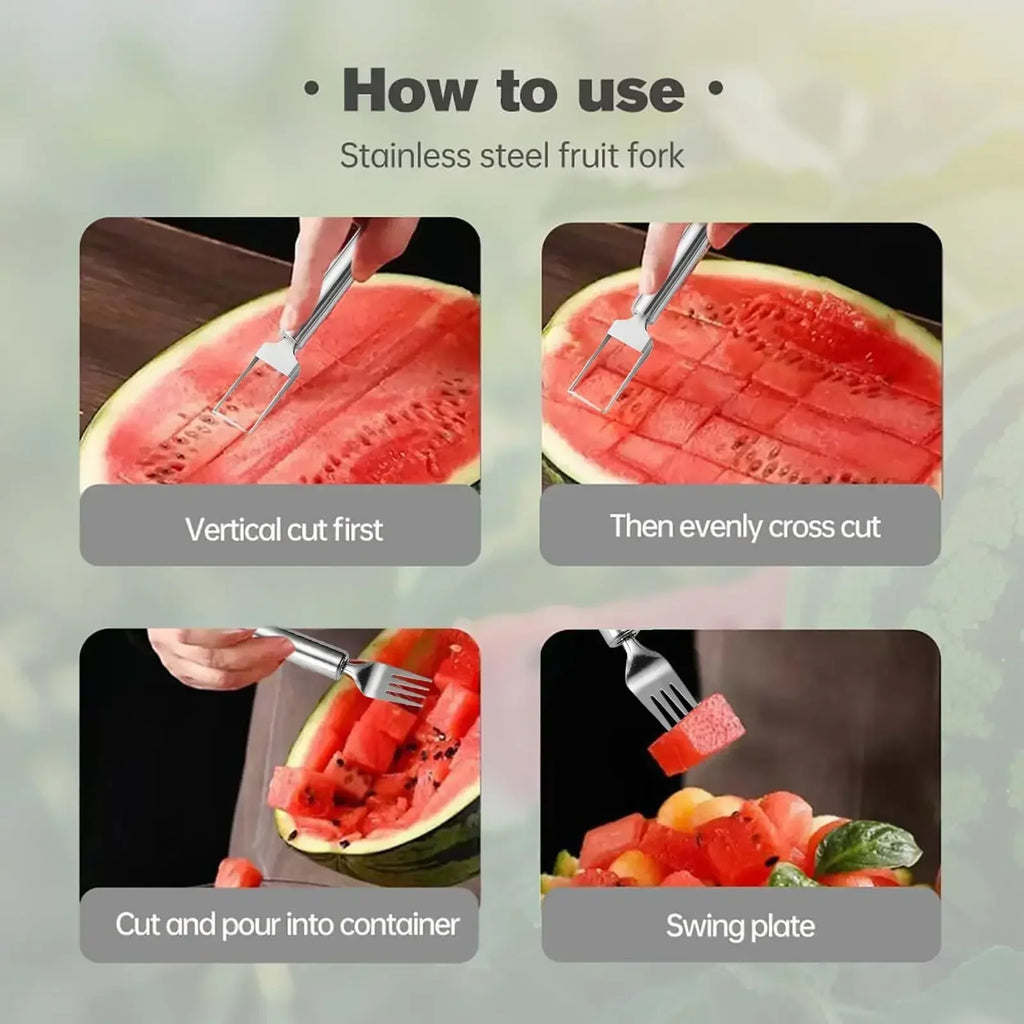 2-in-1 Stainless Steel Fruit Cutter,Dual Head Watermelon Fork Cutter Slicer Tool for Home Kitchen Gadget Melon Cube Cutter