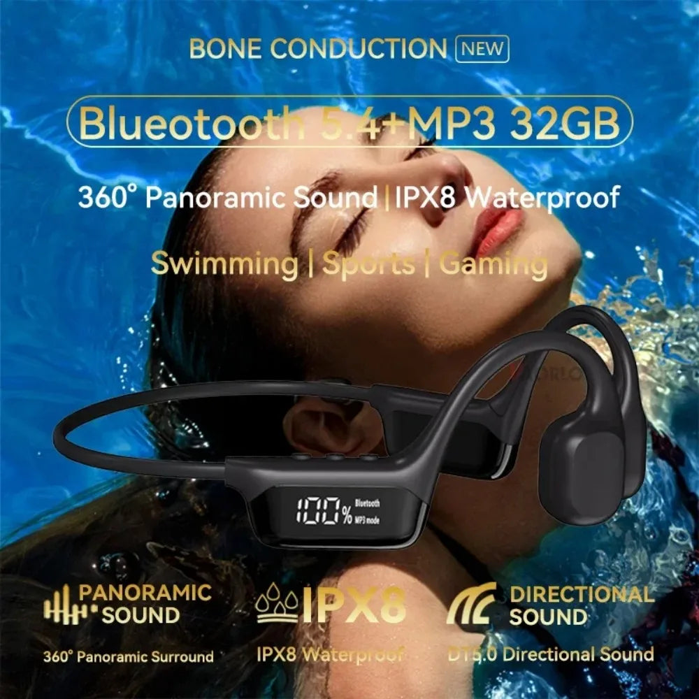 2027 New IPX8 Waterproof Bluetooth 5.4 Swimming Diving Bone Conduction Headphone Player Summer Sports Cycling Music Headset