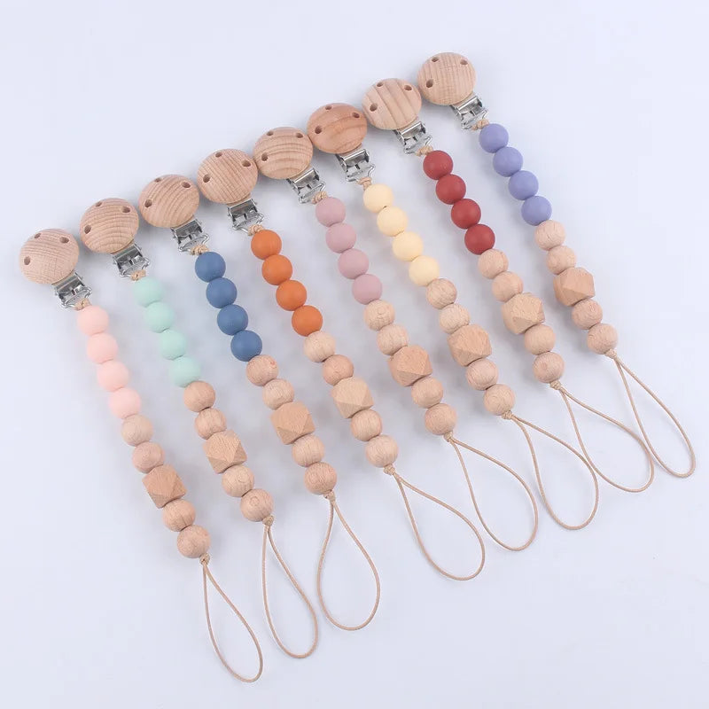 Baby Chain Pacifier Clips Silicone Beech wood Beads Infant Nipple Appease Soother Chain Clips Dummy Holder Nipple Clip Anti-drop