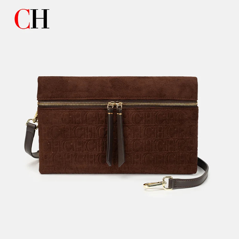 CH Crossbody Bag Women Embossed Suede Shoulder Bag Double Zipper Clutch Purse Vintage Daily Evening Handbag Bolsos Mujer
