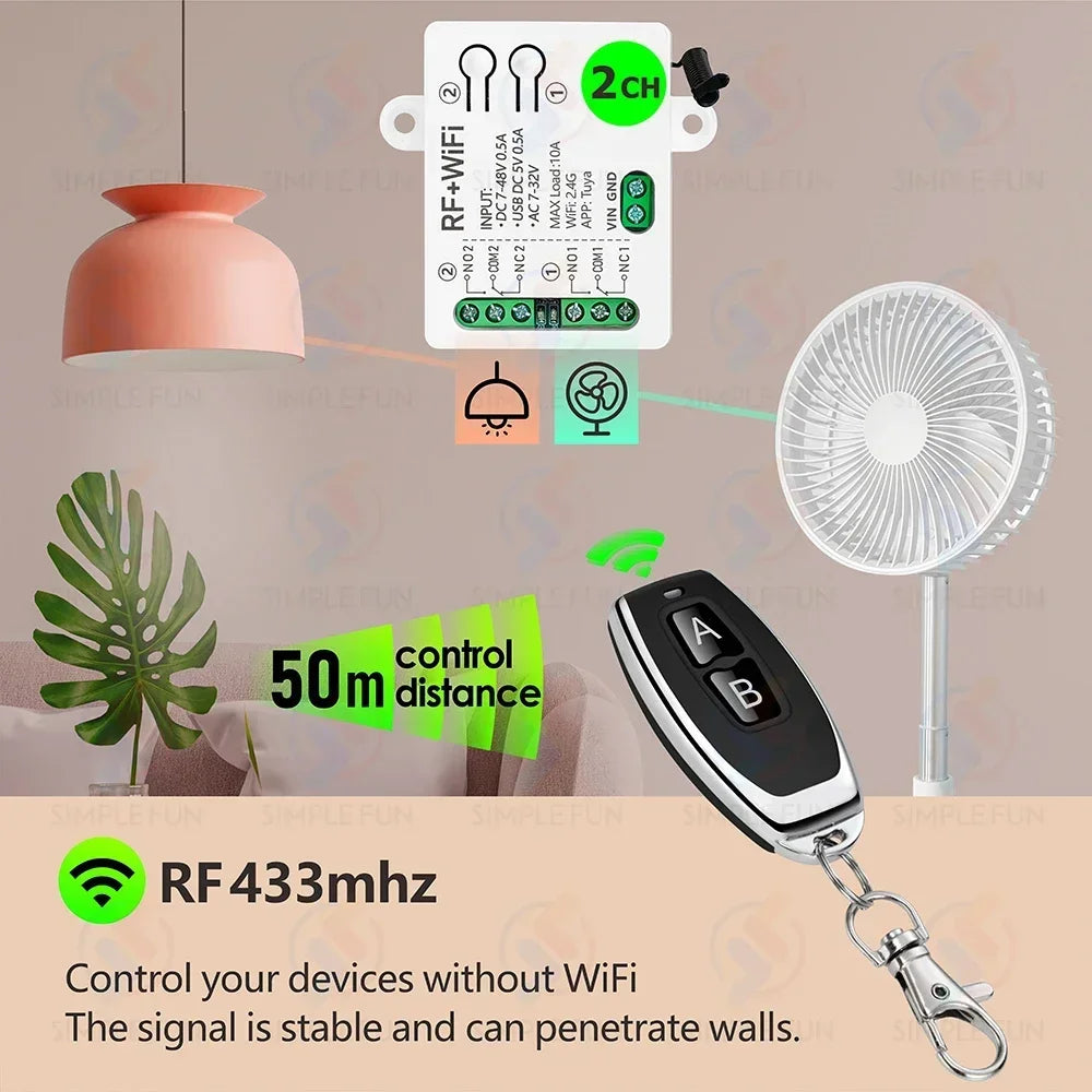 WiFi RF Remote Control Smart Light Switch 2 CH Tuya,USB 5V DC 12V 24V 48V,1-250V Dry Contact Relay,work with Alexa Google Home