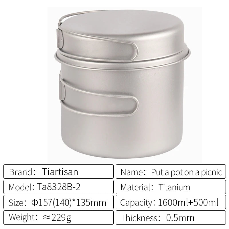 Tiartisan Titanium Folding Handle Camping Pot Frying Pan Set  Lightweight Portable Cookware Equipment For Outdoor Hiking Picnic