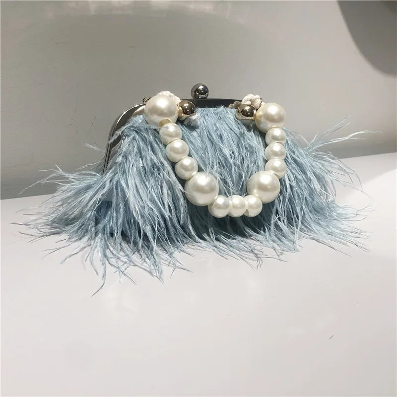New Ostrich Hair Evening Clip Clutch Bag Fashion Lady Wedding Party Pouch Bag Chain Shoulder Crossbody Ostrich Feather Bag