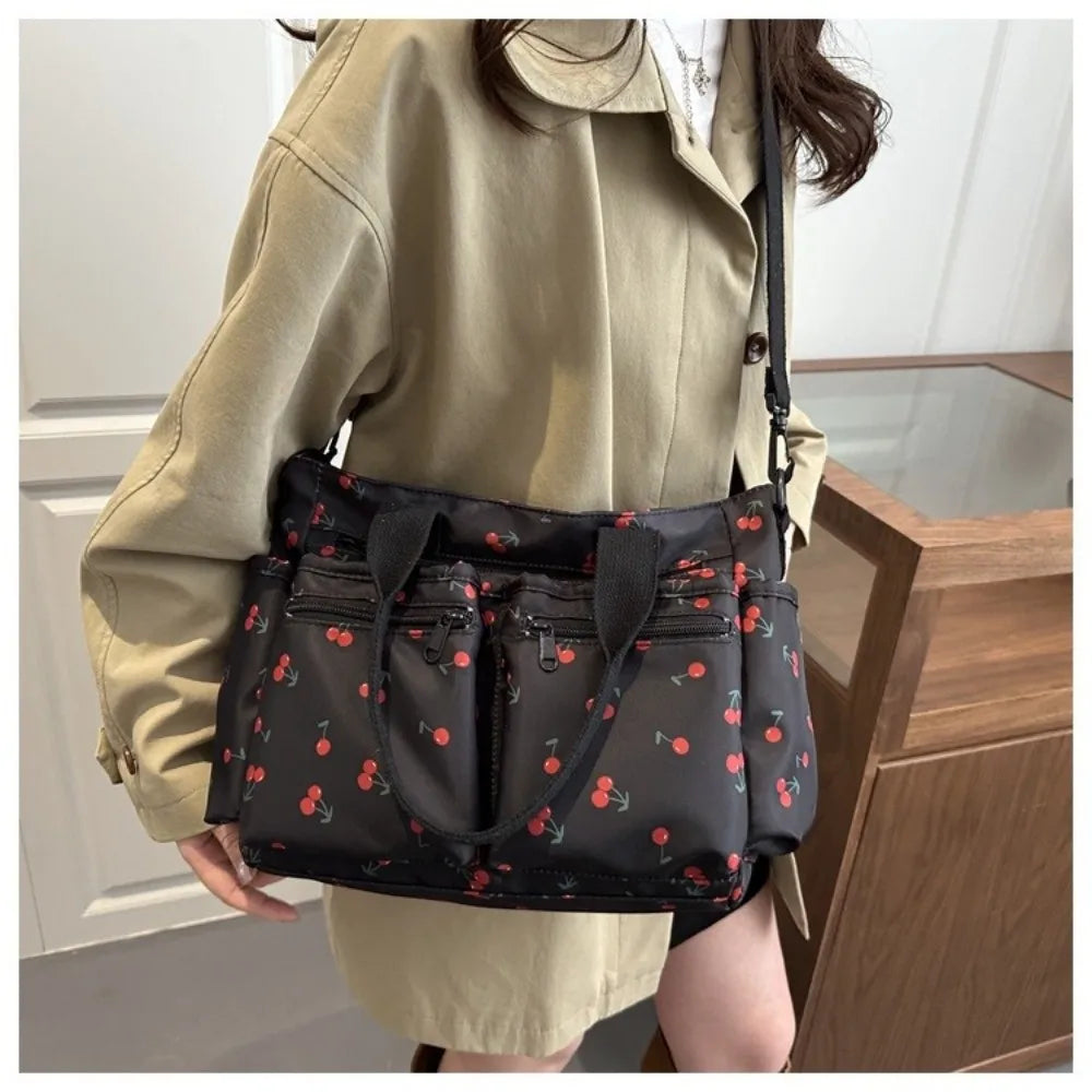 Casual Large Capacity Tote Bag Multi-Pocket Adjustable Strap Crossbody Bag Cherry Print Waterproof Shopping Bag