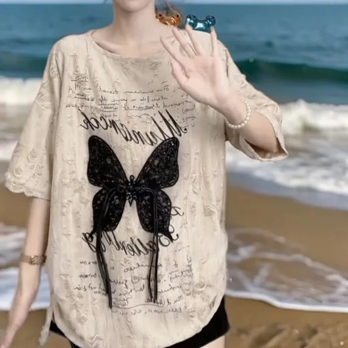 Aged and distressed lace, breathable, loose, butterfly-style summer new Korean version fashionable and chic vacation-style top