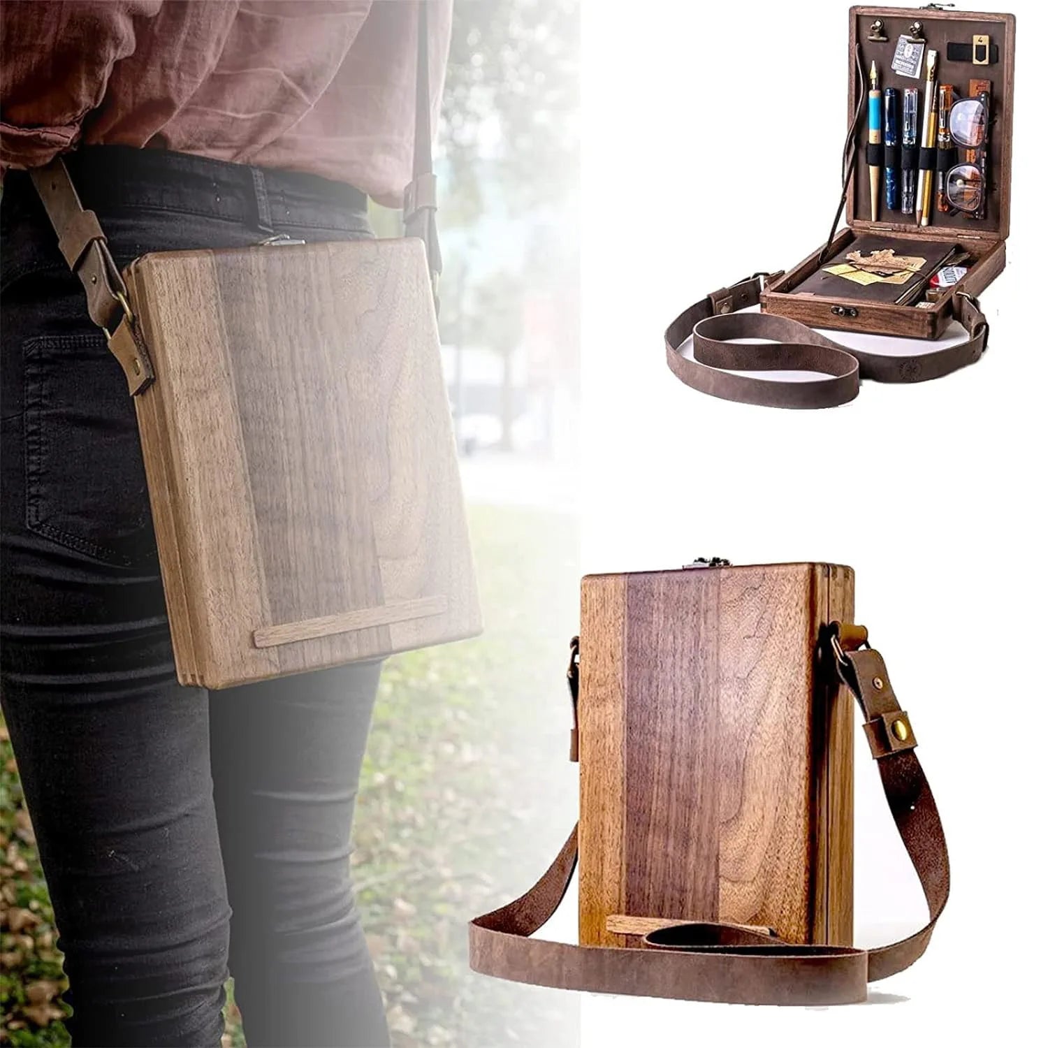New Retro Nostalgic Writers Wood Box Bags Women Wood Messenger Bags Outdoor Multi-functional Sketch Bags Tool Storage Box Bags