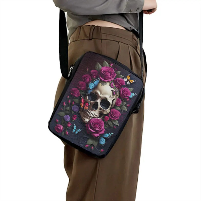 Skull Rose Butterfly Print Crossbody Bag Women Shoulder Bags for Travel Handbags Phone Holder Student Messenger Bags Gift