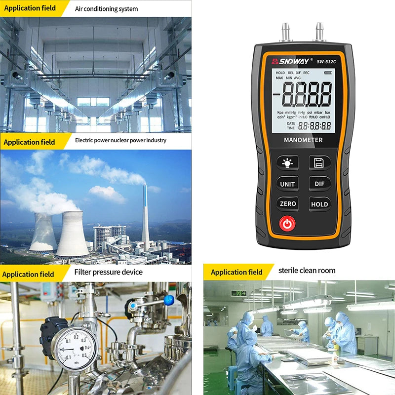 SNDWAY SW-512 Digital Pressure Gauge Differential Gas Pressure Gauge Measuring Instruments, Barometric Gauges/SW-512B/SW-512C