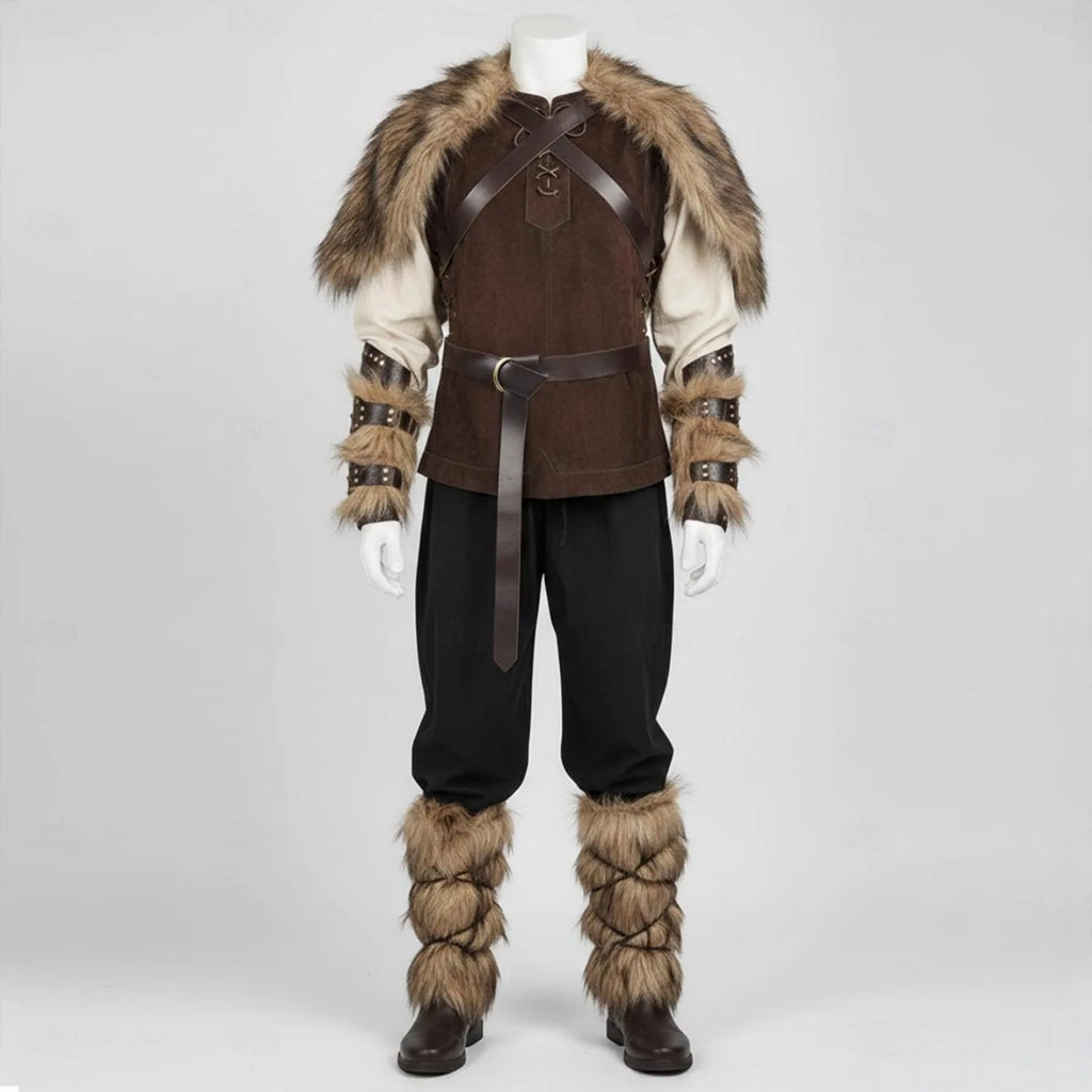 Set Medieval Renaissance Knee Length Outfits Fancy Costume Faux Fur Costume Warrior Men's Viking Halloween Carnival LARP