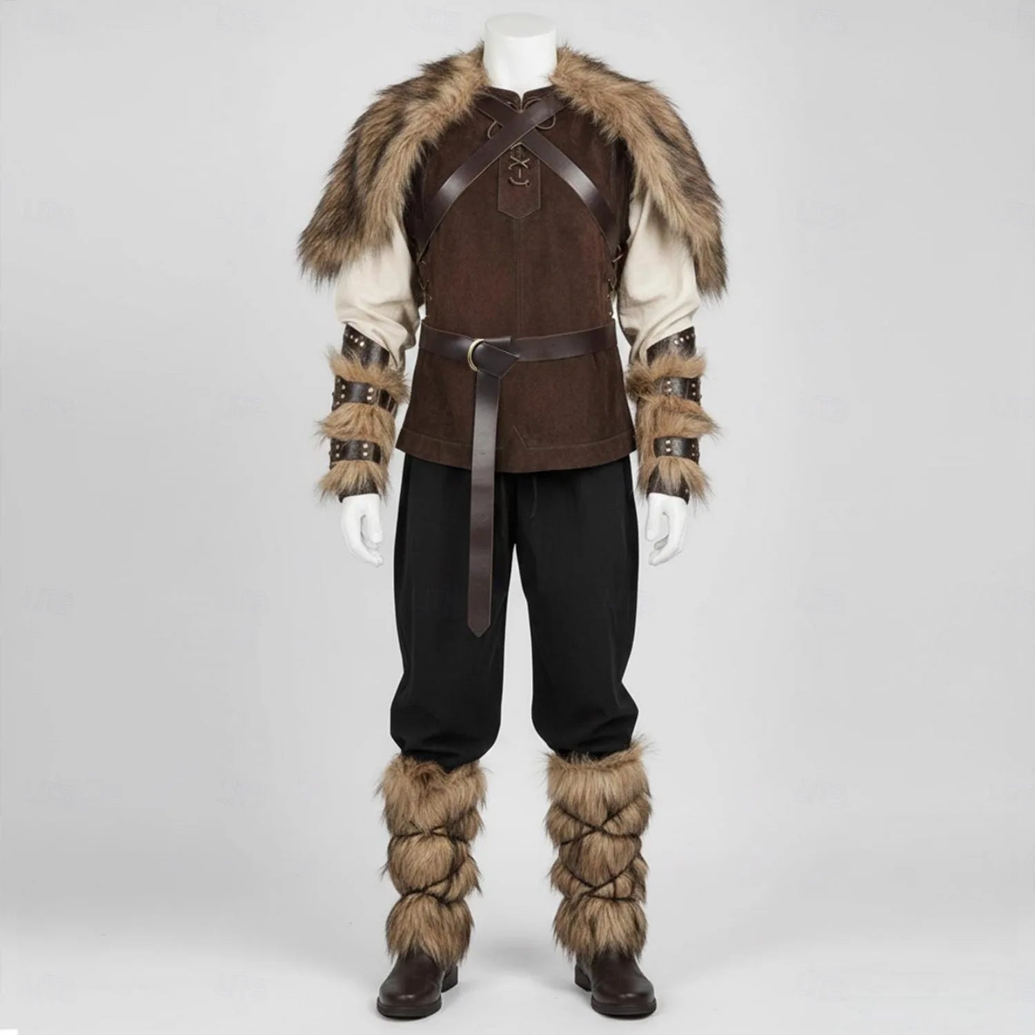 Set Medieval Renaissance Knee Length Outfits Fancy Costume Faux Fur Costume Warrior Men's Viking Halloween Carnival LARP