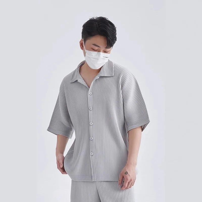 Miyake Pleated Short Sleeve Shirt Men's 2026 Classic Pleats Top Short Sleeve Summer Loose Plisse Jacket Loose Plus Size Fold Top
