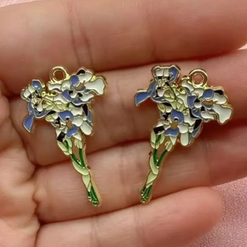 10pcs Van Gogh Sunflowers Iris Plants Flower Keychain Pendant Alloy Jewelry Accessories Necklace Earrings Pendant