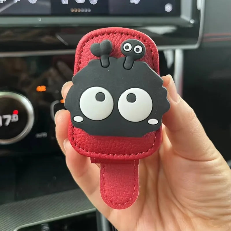 Cute Soot Sprite Car Sunglasses Clip Leather Visor Eyeglasses Holder Black Coal Ball Car Interior Accessory Ticket Storage Clip