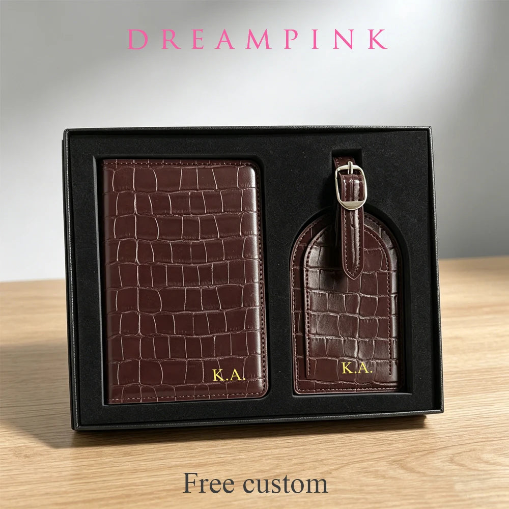 Luxury Passport Cover Luggage Tag Gift Box Set Custom Name Men Women Present Travel Accessories Suitcase Label Passport Holder