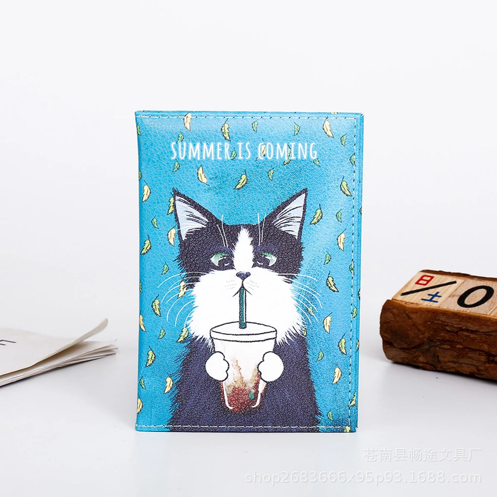 Cartoon cat, PU leather color-printed fashionable passport protective cover, travel document holder, air ticket protective cover