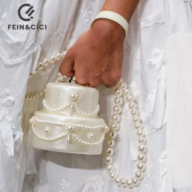 Cake shape clutch bag acrylic pearl color Evening dinner party purse Bag beaded box handbag