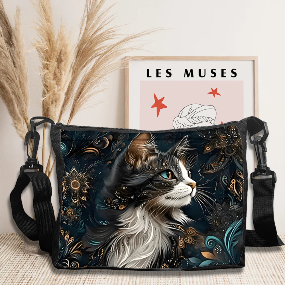 Chic Black Cat & Floral Pattern Shoulder Bag Women's Stylish Lightweight Crossbody Bags Adjustable Strap Camping Storage Bag