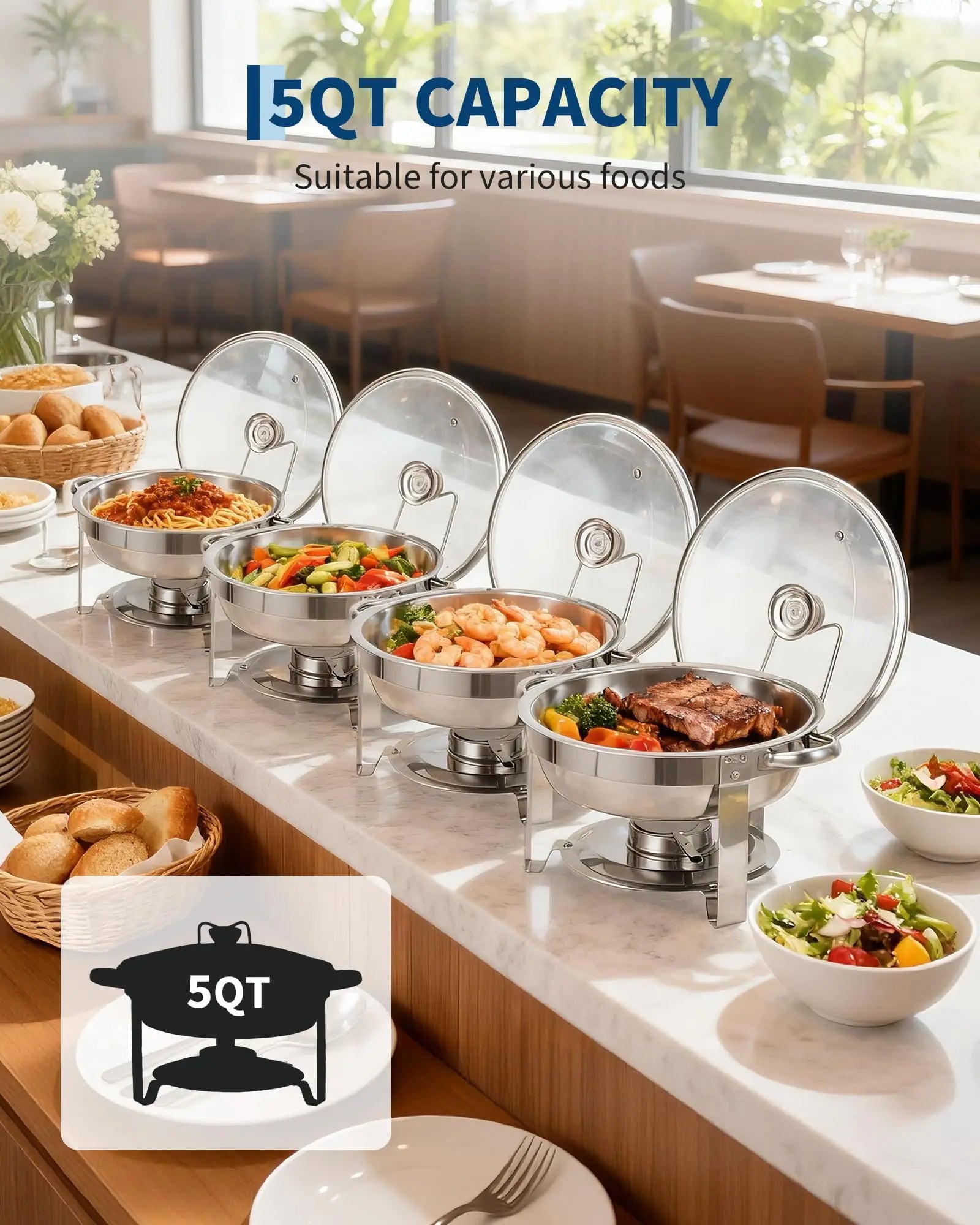 2 Pack 5QT Round Stainless Steel Chafing Dishes Buffet Set with Visible Glass Lid Holder Buffet Food Warmers for Parties Dinners Catering Events