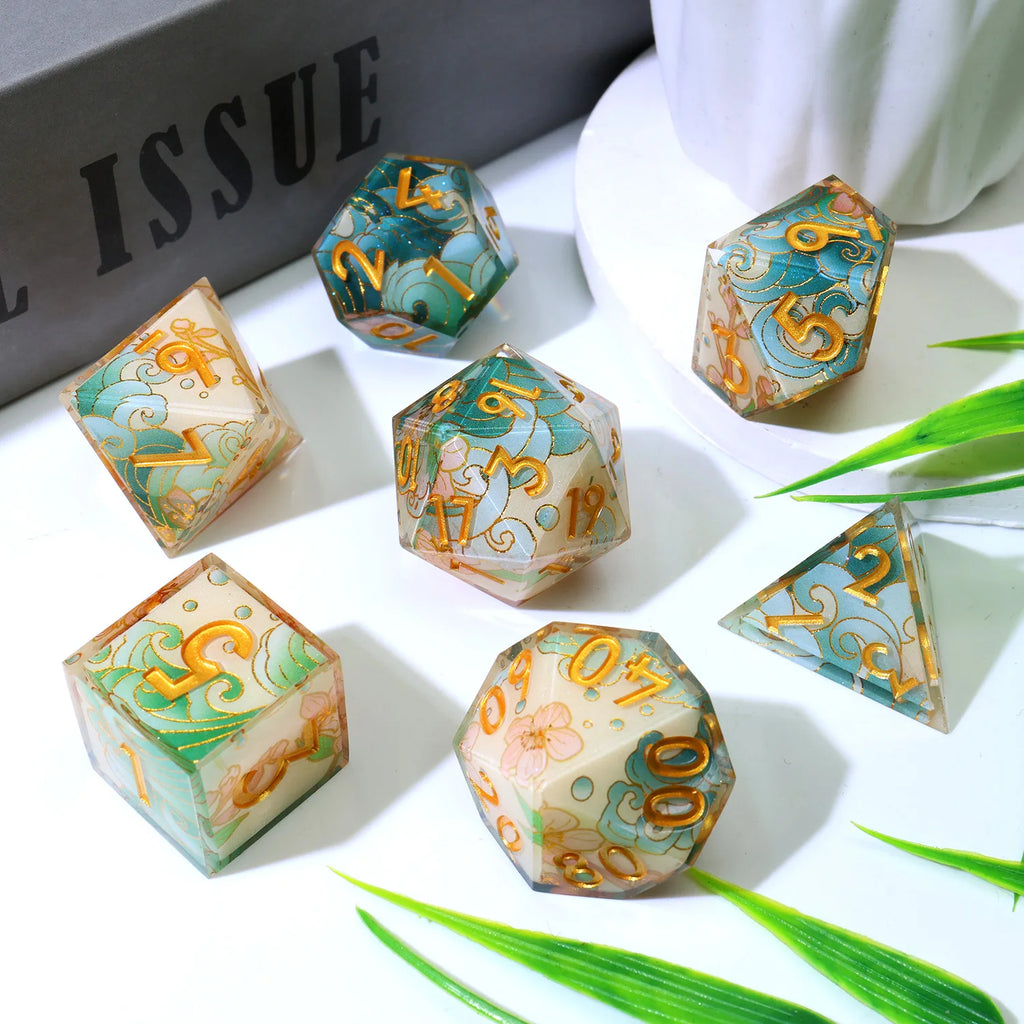 Enchanting DND Dice Set with Ocean Wave & Peach Blossom Designs-Perfect for Board Game,RPG & Tabletop Gaming Adventures-F2