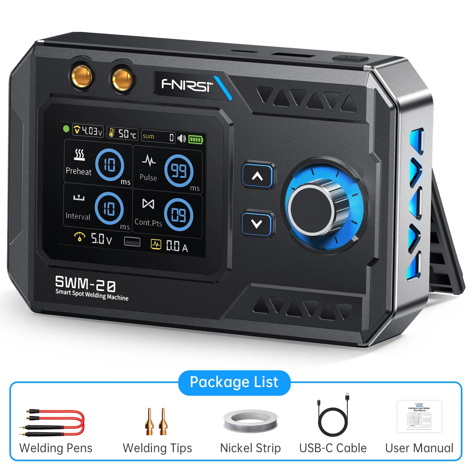 FNIRSI SWM-20 Handheld Power Tool 1200A Double Pulse Output for 0.1-0.4mm Metal Strip DIY Pack 5000mAh Battery USB-C Charging
