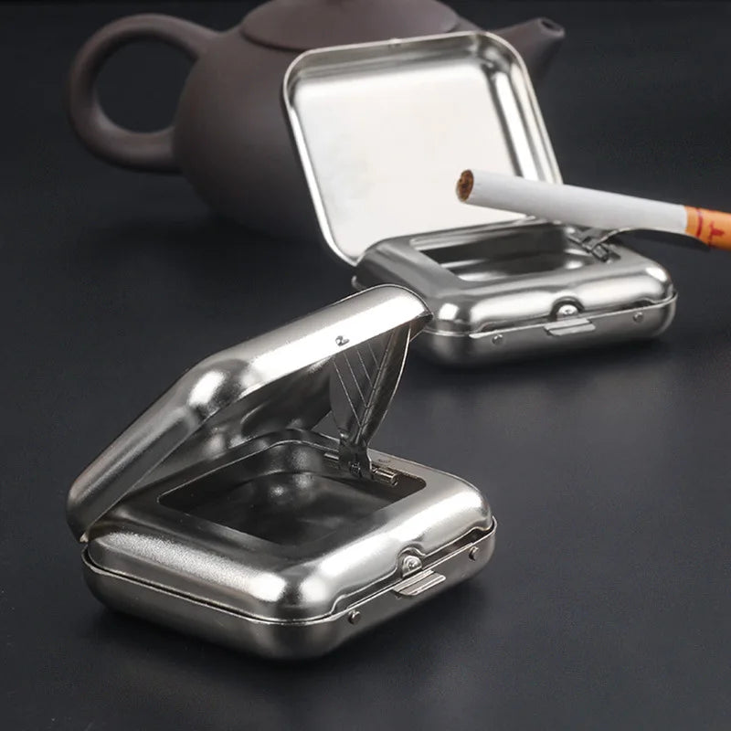 1pc Portable Ashtray, Metal Pocket Ashtray, Windproof Ashtray With Lid, Stainless Steel Car Ash Tray For Car
