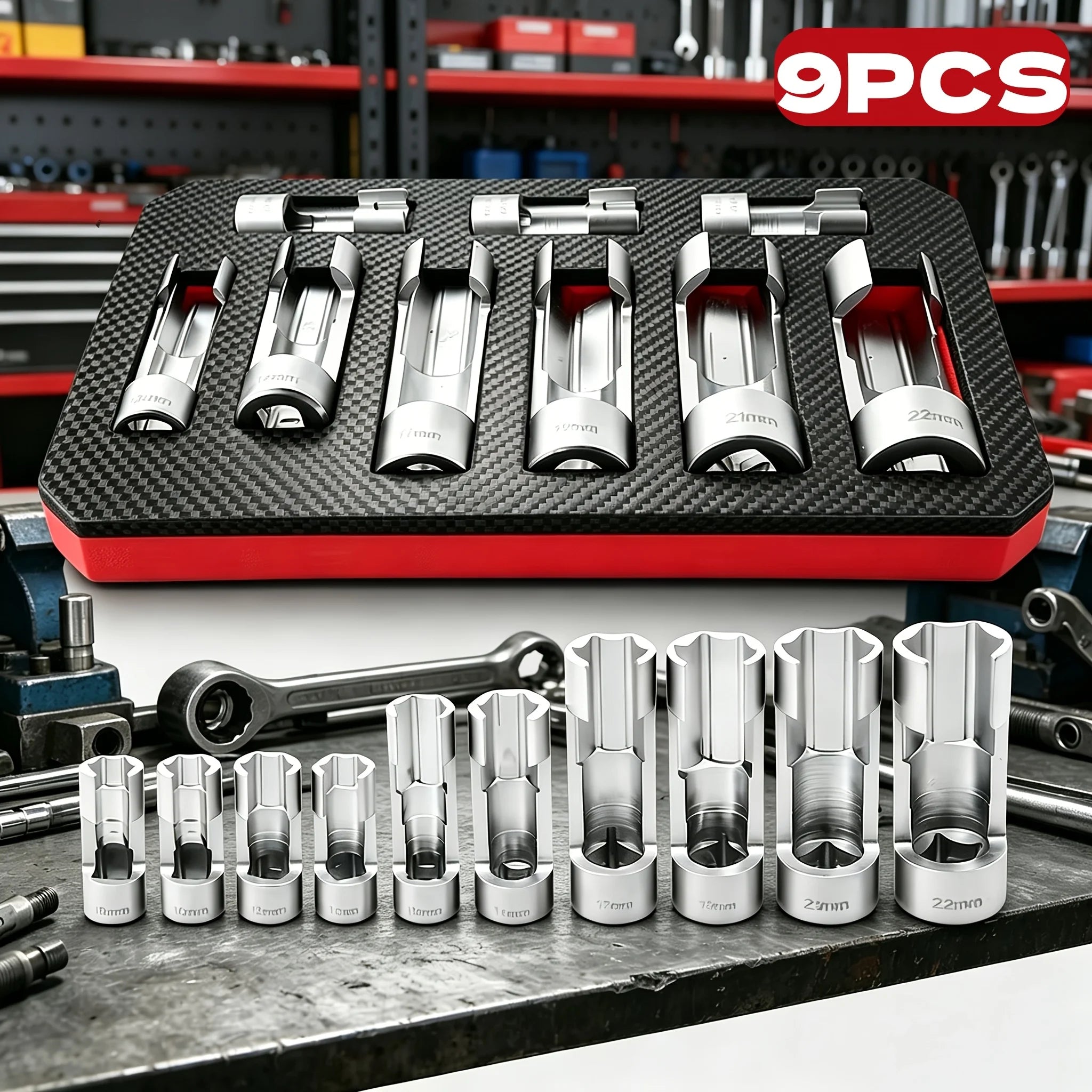 9-Piece 10-22mm Diesel Injector Fuel Line Socket Wrench Set | Suitable for Master Cylinder Lines, Oxygen Sensor Pressure, and Socket Removal Tools