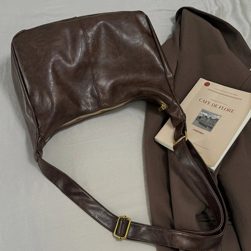 Ultra Soft Pu Leather Commuter Fashion Vintage Casual Tote Bag  Large Capacity Temperament Stylish Crossbody Bags For Women