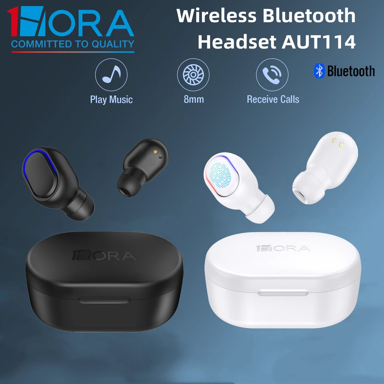 1HORA Wireless Bluetooth Headset AUT114 In-Ear Earphone Bluetooth 5.3 Type-C Charging Long Battery Life Compatible IOS/Android